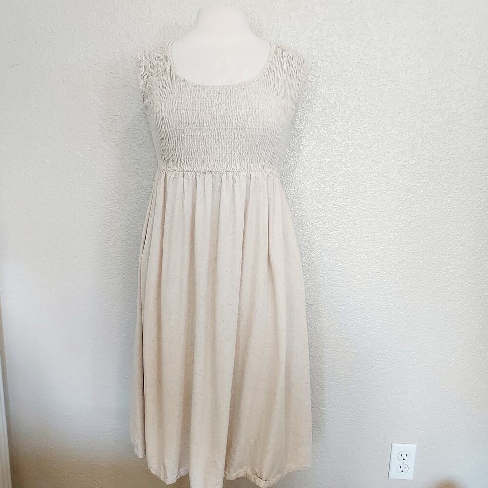 NLT Cream Smocked Midi Sleeveless Dress Size S